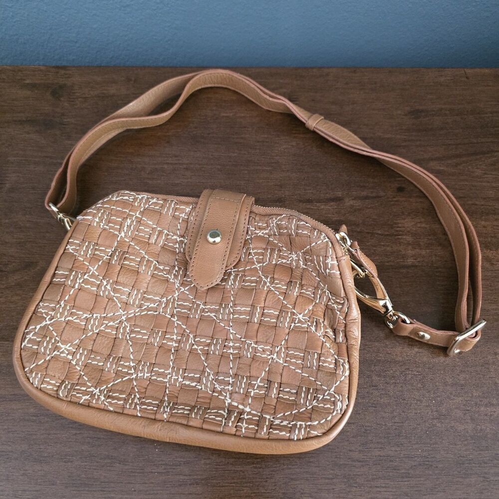 Clever Carriage Company Hand Woven Leather Embroidered Crossbody bag Brown Boho
